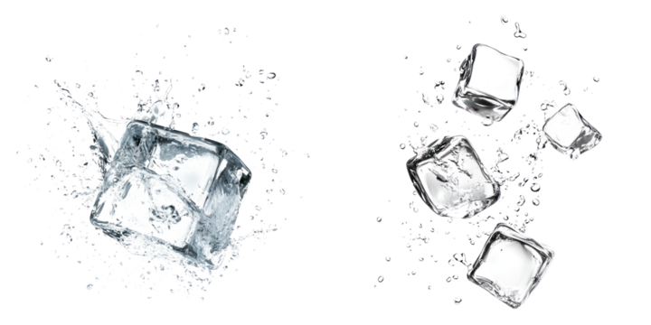 Falling ice cubes with splashing water on transparency background