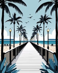 black theme Seaside boardwalk summer festival invitation plain modern flat illustration background with copy space backdrop