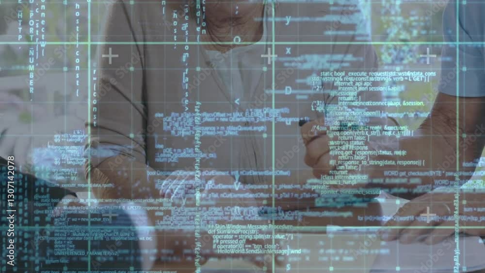 Aufkleber People working at desk with programming code and data processing animation overlay