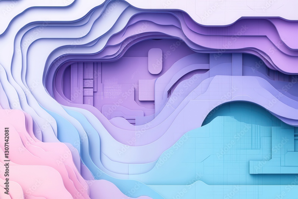 Poster futuristic paper art background merging layered cut outs with digital grid showcasing themes of cybe