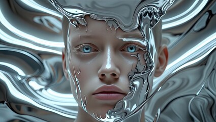 A futuristic scene with metal, neon, holograms, and liquid metal. A cybernetic face with gloss, reflections, and glowing elements creating the illusion of a utopia.