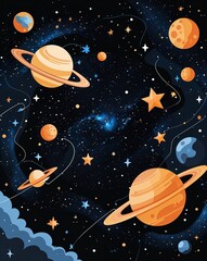 black theme Starry galaxy outer space party invitation plain modern flat illustration background with copy space backdrop