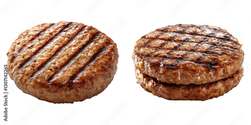 Poster grilled hamburger patties with char marks isolated on transparency background