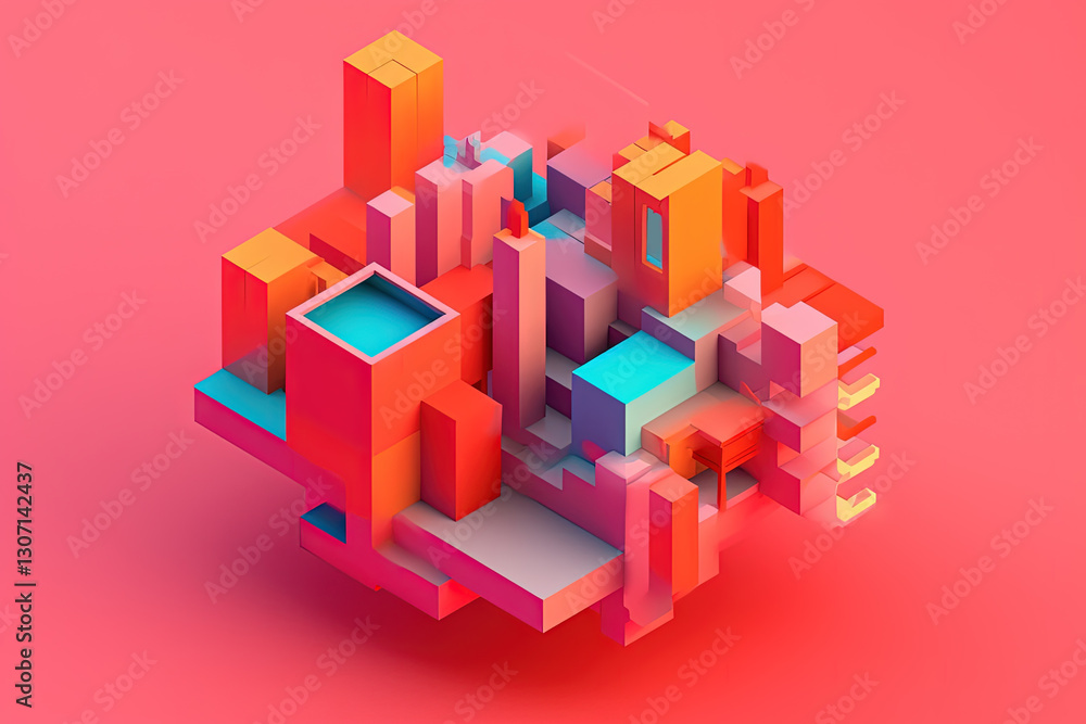 Poster 3D business graph with organized bars and information blocks. Abstract infographic element. Business growth and development to success concepts