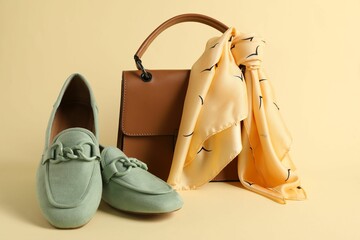 Leather bag with handkerchief and loafers on beige background, closeup
