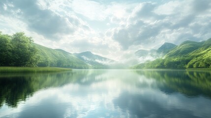 A tranquil lake surrounded by lush green hills, soft reflections of the clouds in the water, serene and calming atmosphere, ultra-realistic, high resolution.
