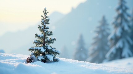 Fototapeta premium Serene Winter Landscape A Small Snow-Covered Evergreen Tree with a Pinecone Nestled in a Pristine Snowdrift, Backdropped by a Hazy, Snowy Forest