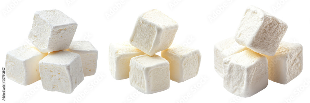 Poster fluffy white marshmallows stacked in three piles on transparency background