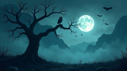 Fototapeta premium Nocturnal Owl Perched on a Barren Tree Branch Under a Mystical Full Moon, Silhouetted Against a Misty Mountain Range with Bats in Flight