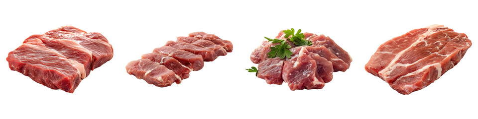 Assorted cuts of raw meat on transparency background, including garnished pieces