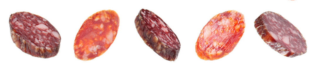 Slices of smoked sausages isolated on white, set