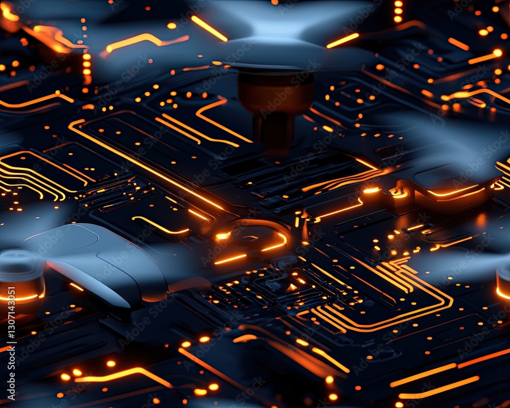 Poster futuristic circuit board with drone props and neon lights in a high-tech environment