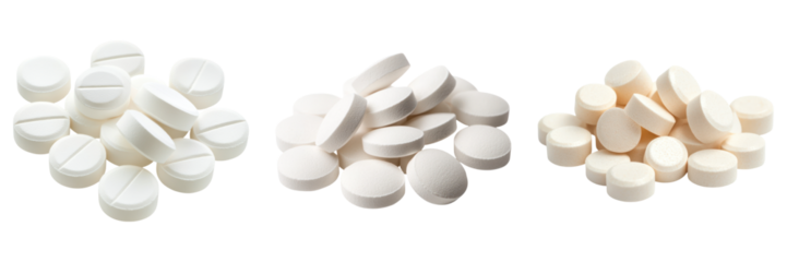 Various white pills and tablets on transparency background
