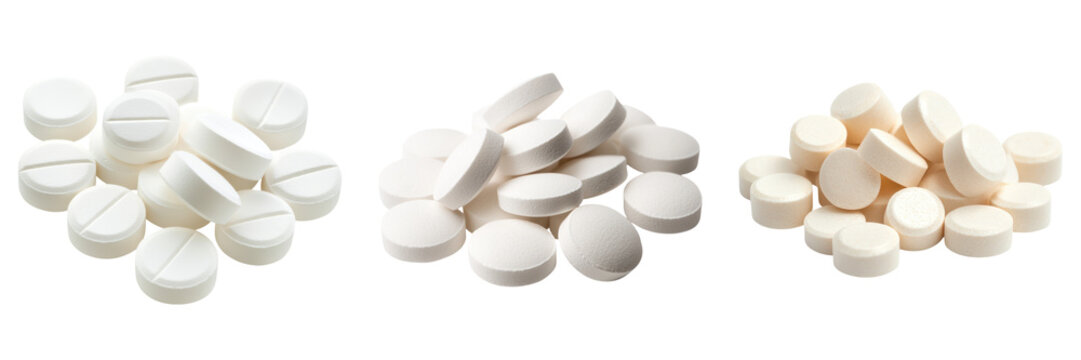 Various white pills and tablets on transparency background