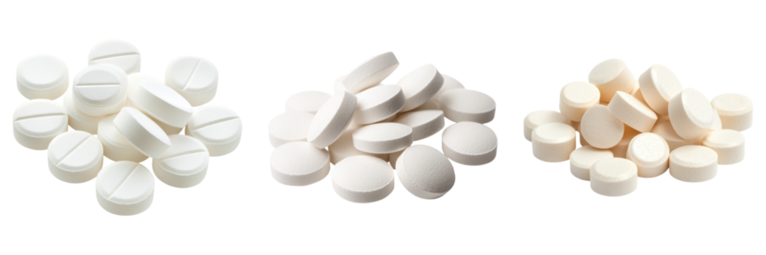 Various white pills and tablets on transparency background