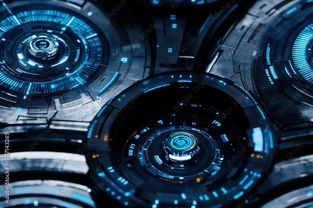 Poster futuristic circular interface design with blue glowing elements in a digital environment