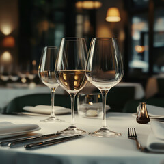 Obraz premium beautifully set dining table featuring elegant wine glasses filled with white wine, surrounded by fine cutlery and soft, ambient