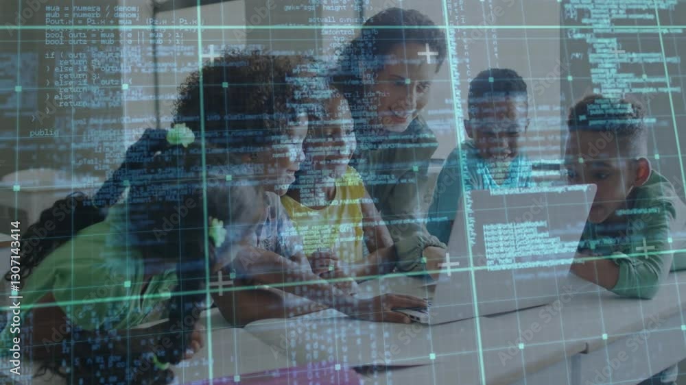 Aufkleber children and teacher using laptop with digital data processing animation overlay