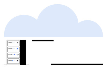 Cloud above server racks suggesting data storage, remote access, and network connectivity. Ideal for technology, cloud computing, hosting, IT services, data security innovation and business. Flat