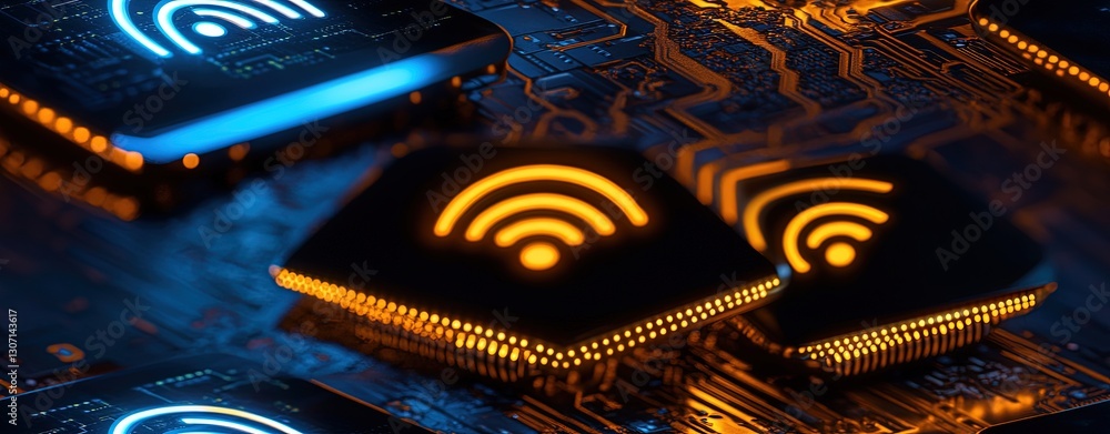Aufkleber glowing circuit board with wi-fi signal icons in high-tech digital background