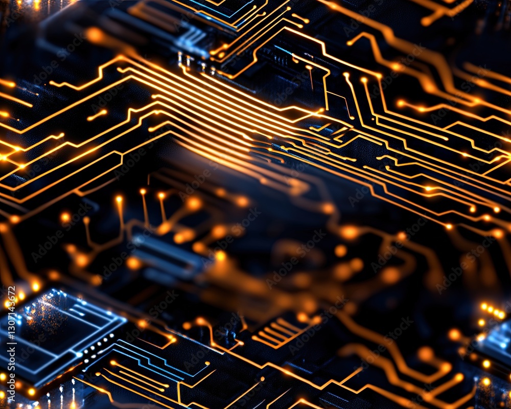 Poster close-up view of circuit board with glowing lines and electronic components in dark background
