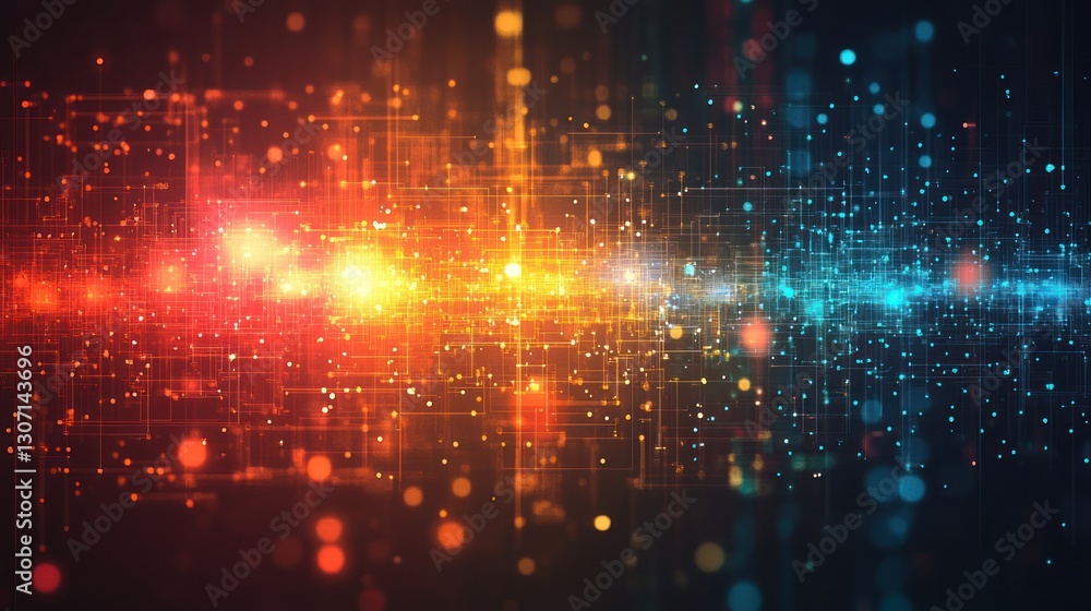 Poster abstract digital data stream with glowing particles and lines.