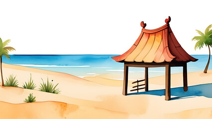 Fototapeta premium Beach Hut Watercolor Illustration with Ocean View and Palm Trees