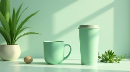Serene Minimalist Still Life with Pastel-Colored Cups and Succulents in Soft Sunlight