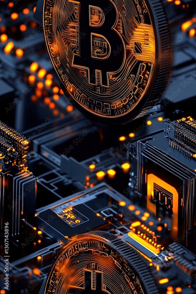 Poster glowing bitcoin coins above microchip circuit board with cyber technology background
