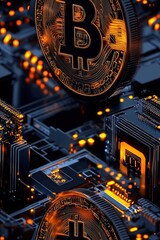 Glowing Bitcoin Coins Above Microchip Circuit Board with Cyber Technology Background