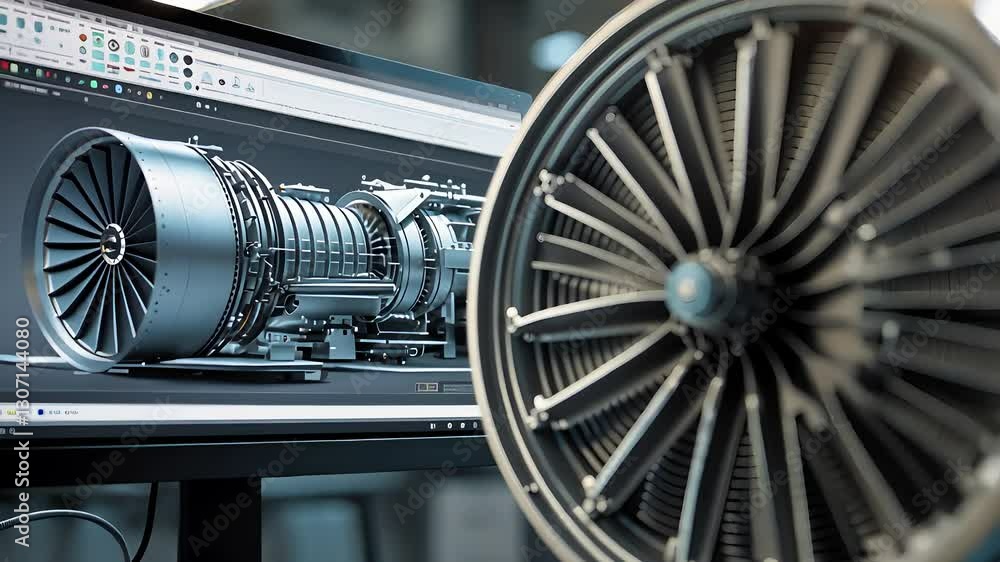 Poster jet engine design and 3d cad model on a computer screen showcasing advanced aerospace engineering an