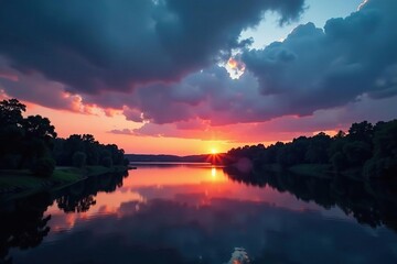 Fototapeta premium Darkening clouds gather over the surface of a still river at dusk, serene, reflection, sunset