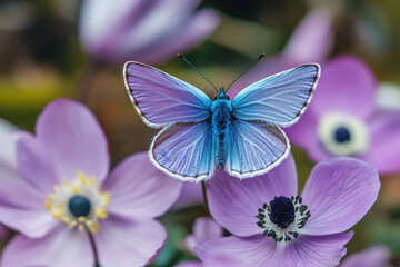 Beautiful purple blue butterfly on an anemone forest flower in spring nature, close-up macro