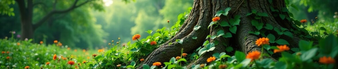 Obraz premium Vines and flowers entwine tree trunk in overgrown landscape, foliage, nature