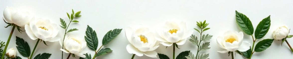 Fototapeta premium White peonies and frosted ferns on a plain white surface, white, bare