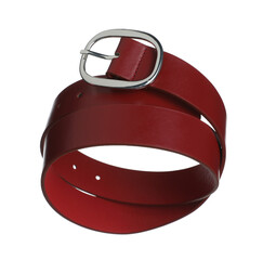 Stylish red leather belt in air isolated on white