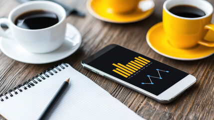 smartphone displaying digital market analysis next to coffee cups and notepad, creating productive workspace atmosphere