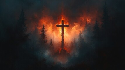 Naklejka premium Burning Cross in a Dark Forest: A Mystical Digital Painting