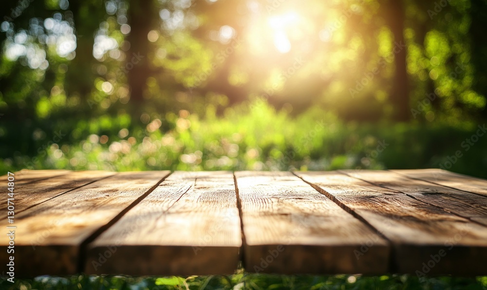 Poster wooden table in a forest with sunlight background for product display