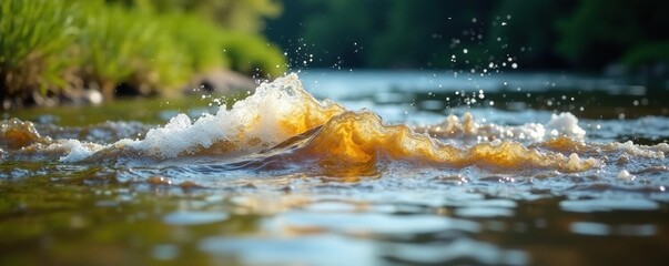 Dirty river water splashing into the calm surface of a river, wildlife, environment