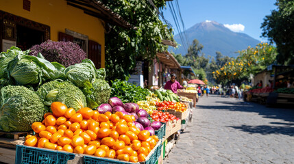 Colorful street market scene with vendors selling fresh vegetables and fruits, showcasing vibrant produce against backdrop of mountain