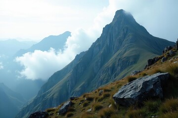 Foggy mountain peak with misty clouds and rocky terrain, rocky, terrain, rugged