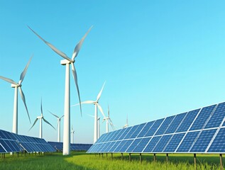 Green energy, wind turbines and solar panels against a clear blue sky