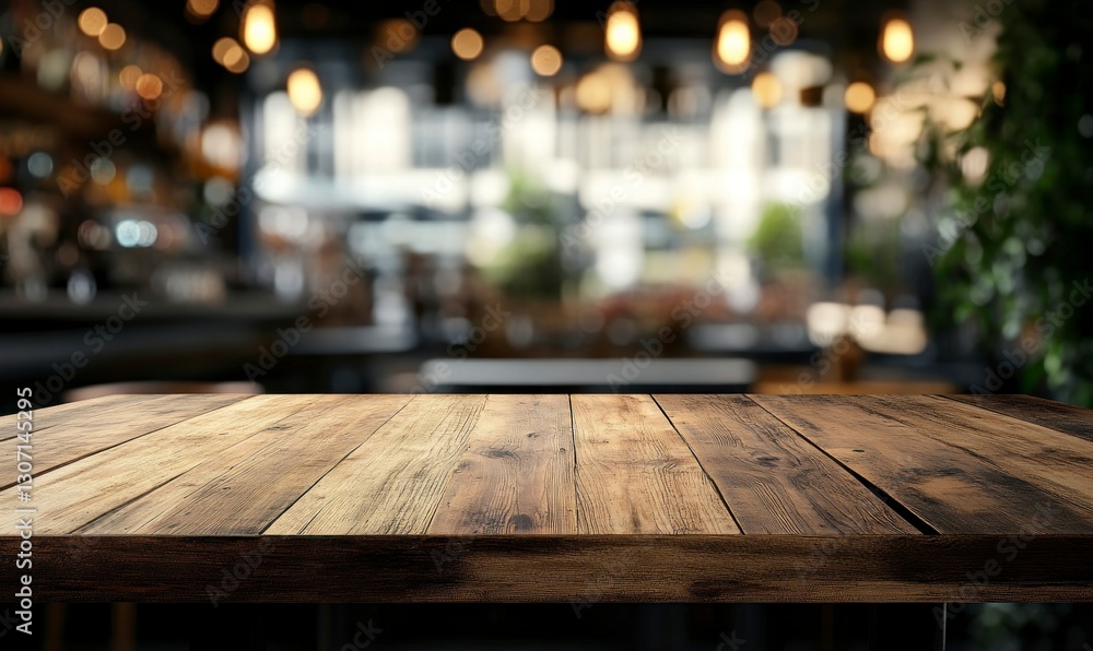Poster rustic wooden table in cafe setting with blurred background