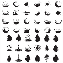 set vector various water drops and splash silhouettes