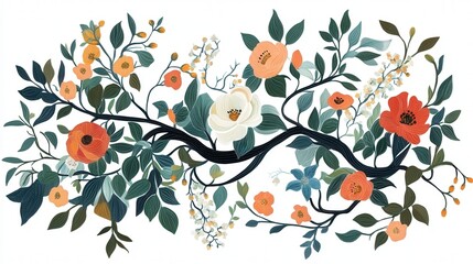 A retro floral frame featuring wavy, naive-style botanical design elements, with boho leaves, branches