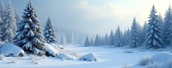 A frosty forest scene with a few trees and some snow-covered rocks in the foreground, landscape, forest