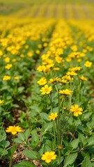 Bright yellow flowers blooming on potato plants in a green field, nature, spring, potatoes