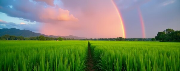 Obraz premium Evening light bathes green rice fields, a magnificent rainbow dominates the scene, evening, photography, serene