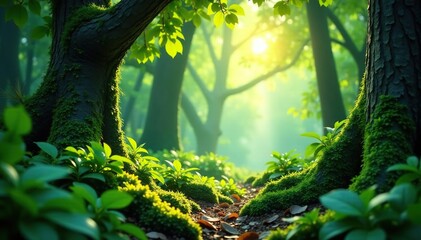 Foliage in a forest environment with sunlight filtering, greenery, overgrowth, branches